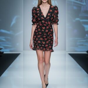 Zara Black Floral Ruched Mini Dress 🌹 Puff Sleeve Size S